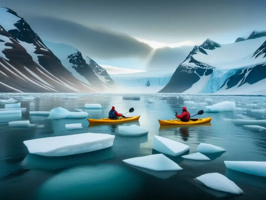 Un grupo de indígenas Aleut maniobrando kayaks tradicionales en aguas árticas heladas, detallando paisaje y vestimenta