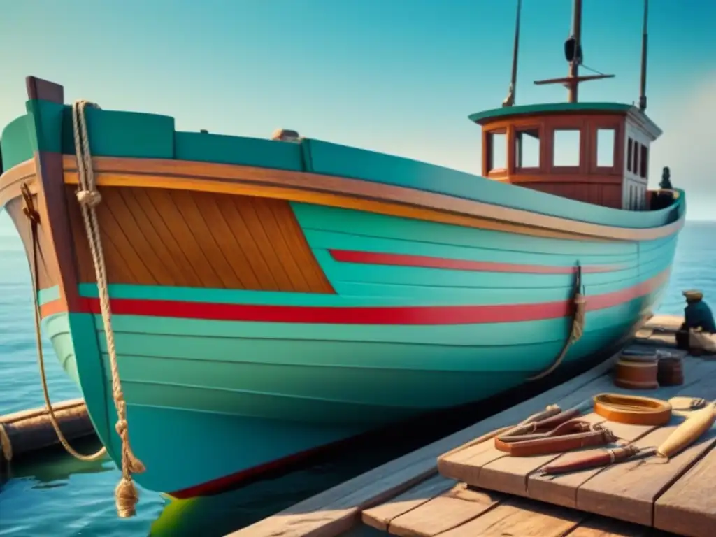 Grupo de artesanos locales restaurando meticulosamente un bote de pesca de madera, resaltando la preservación del patrimonio naval comunidades