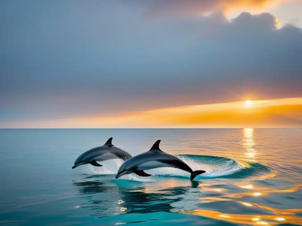 Un grupo de delfines saltando graciosamente en aguas cristalinas al atardecer en un crucero de programas conservación voluntariado