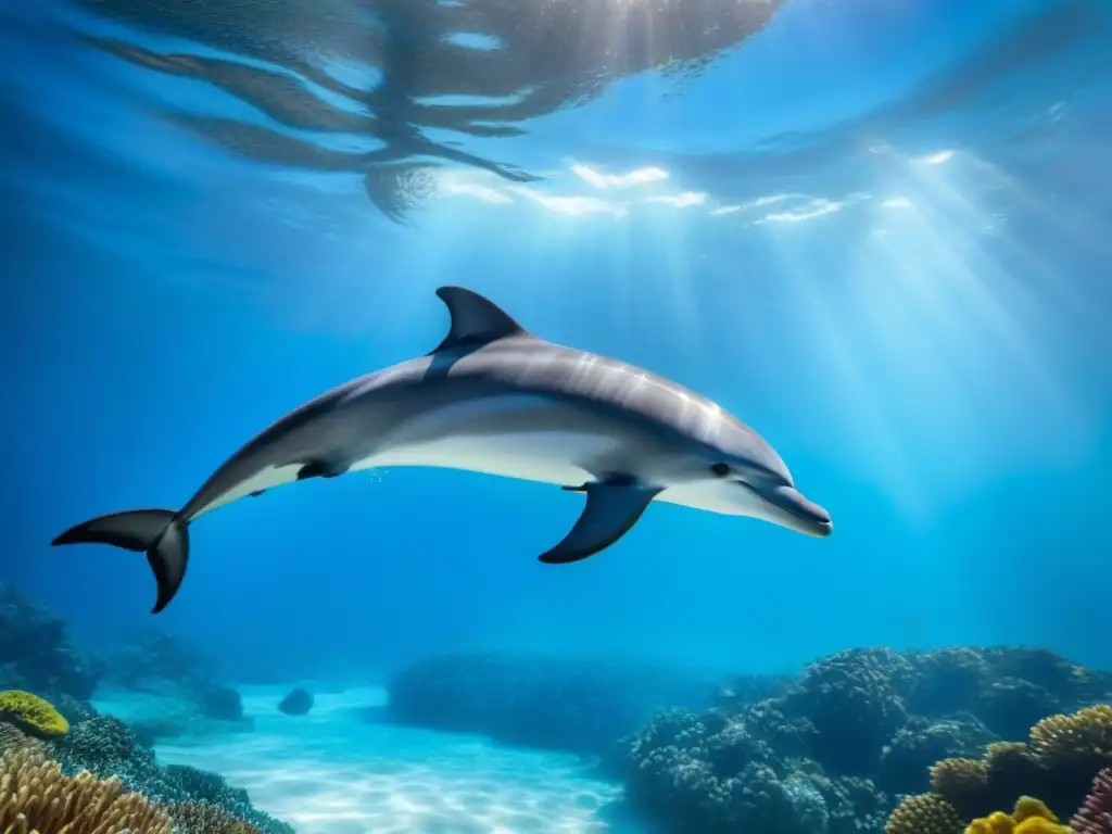 Un grupo de delfines nadando en aguas cristalinas junto a un arrecife de coral vibrante, en un escenario de belleza marina