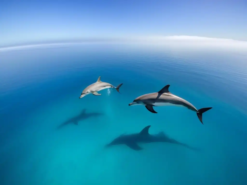 Un grupo de delfines nadando en armonía en un océano cristalino, resaltando la belleza del turismo marítimo sostenible en cruceros