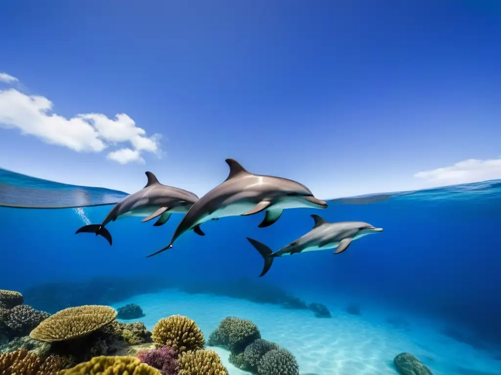 Delfines juegan en armonía: conservación marina Un grupo de delfines nadando en armonía en un océano cristalino, resaltando la importancia de las colaboraciones cruceros conservación océano