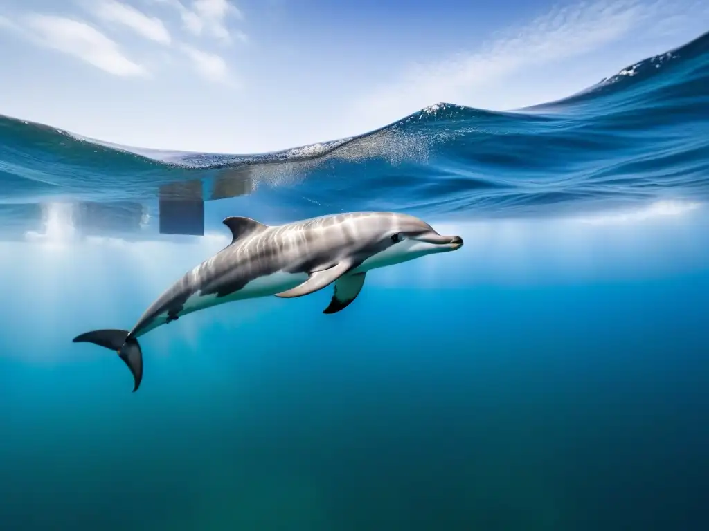 Un grupo de delfines nadando graciosamente en un océano cristalino, ilustrando la importancia de los cruceros ecológicos para salvar océanos