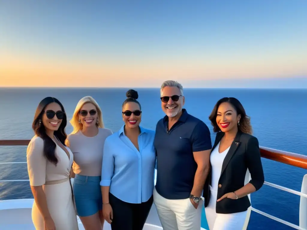 Experiencia colectiva: diversidad y lujo en crucero premium Grupo diverso disfruta financiación colectiva para cruceros en cubierta lujosa con vista al mar al atardecer