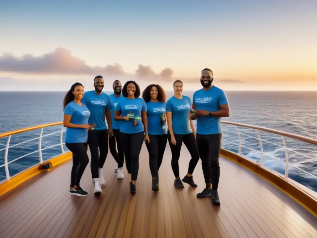 Grupo diverso en crucero ecológico realizando voluntariado comunitario al atardecer en el mar