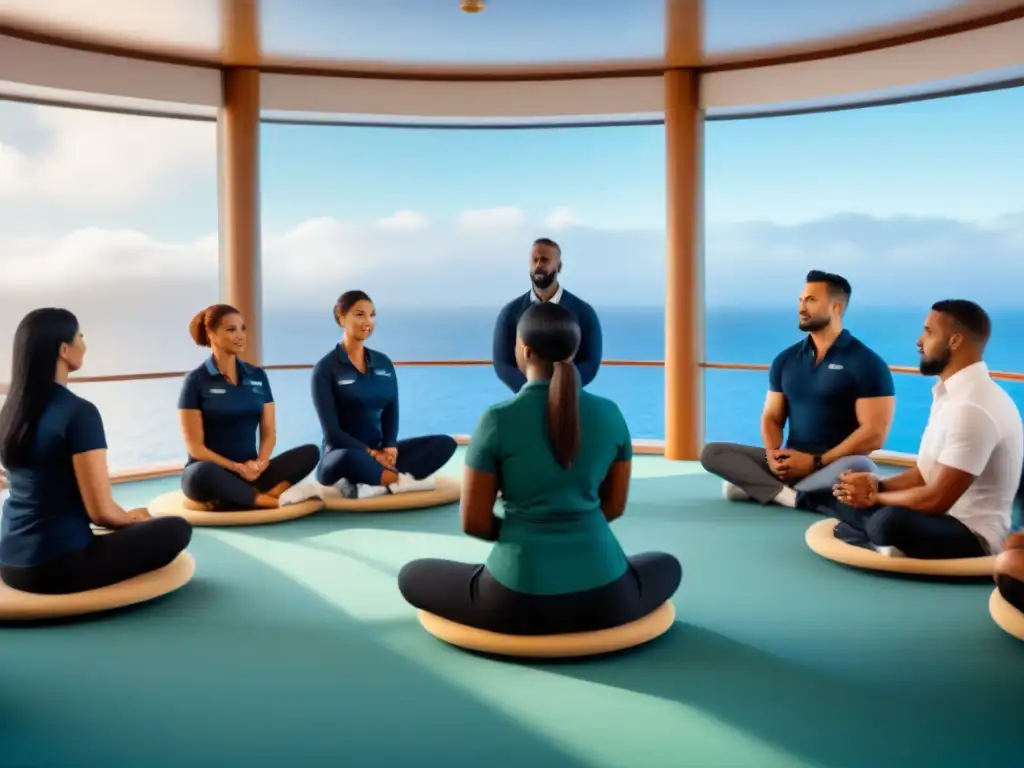 Equipo profesional en capacitación en crucero, unidos y enfocados Un grupo diverso de empleados de cruceros en un entrenamiento, escuchando atentamente al entrenador junto a una ventana con vista al mar