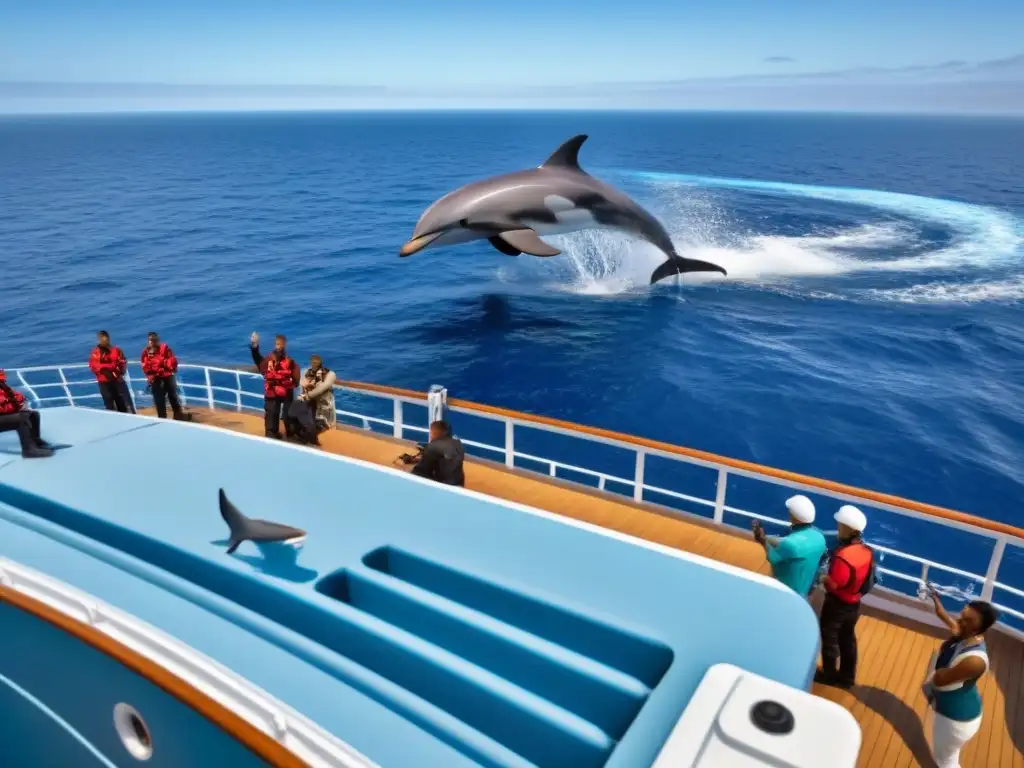 Grupo diverso de estudiantes en clase de biología marina en crucero, con el mar azul de fondo