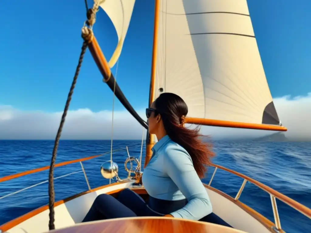 Un grupo diverso de mujeres empoderadas navegando juntas en un velero, bajo un cielo azul