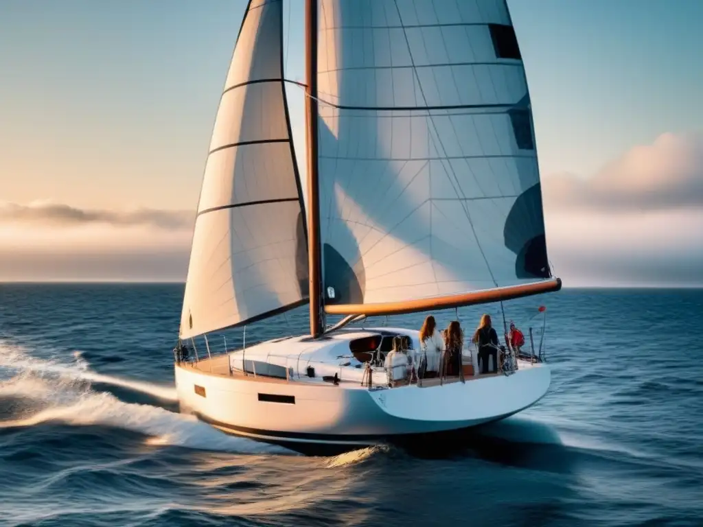 Un grupo diverso de mujeres navegando juntas en un velero, demostrando habilidad y trabajo en equipo