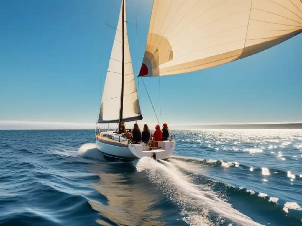 Un grupo diverso de mujeres navegando juntas en un velero, reflejando determinación y unidad en el mar tranquilo