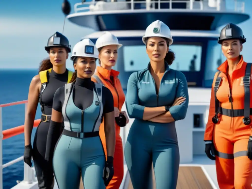 Un grupo diverso de mujeres heroínas marítimas en equipo de exploración, mostrando liderazgo en alta mar