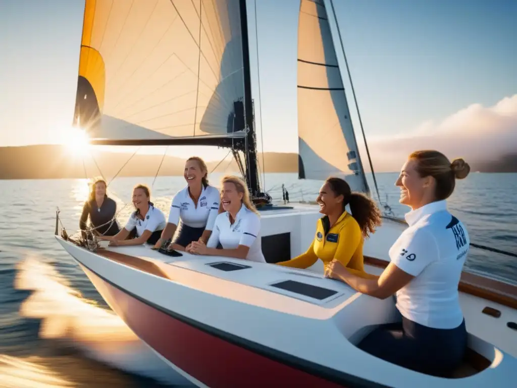 Un grupo diverso de mujeres navegantes celebrando en velero tras ganar regata competitiva al atardecer