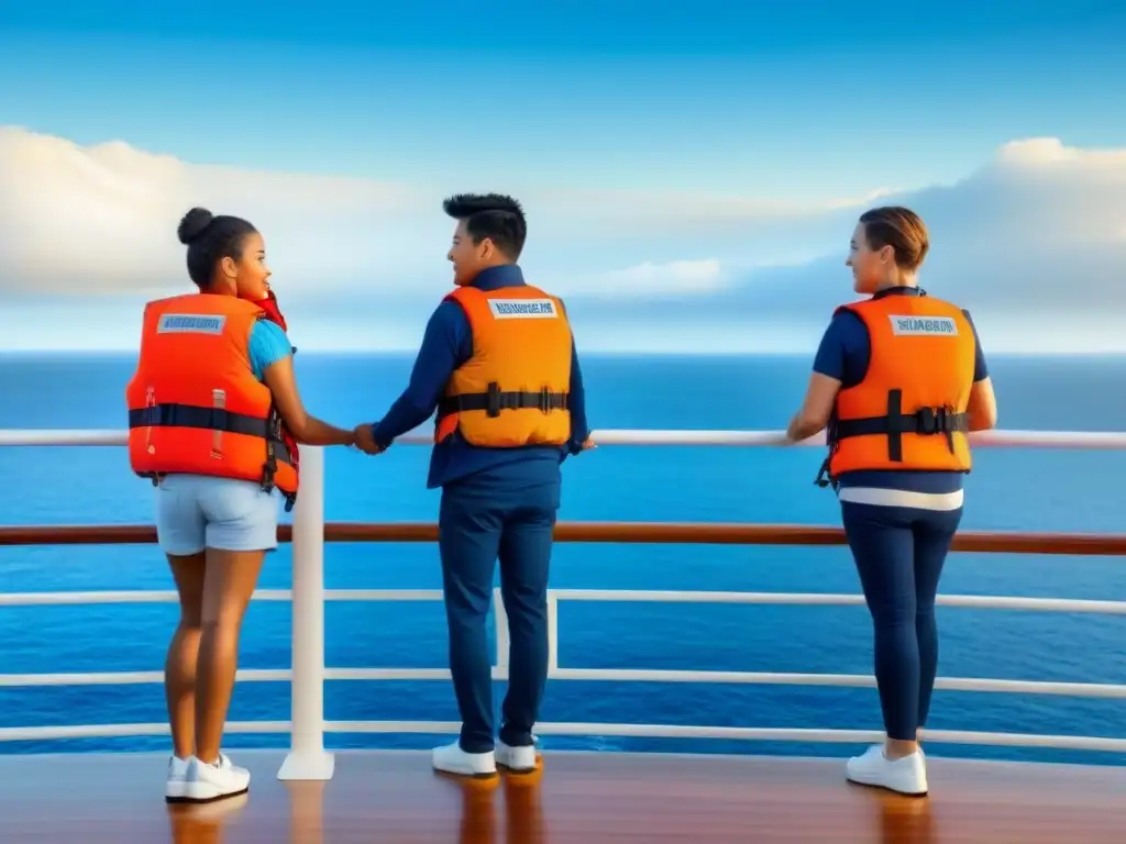 Un grupo diverso de niños en un crucero, con chalecos salvavidas, transmitiendo seguridad