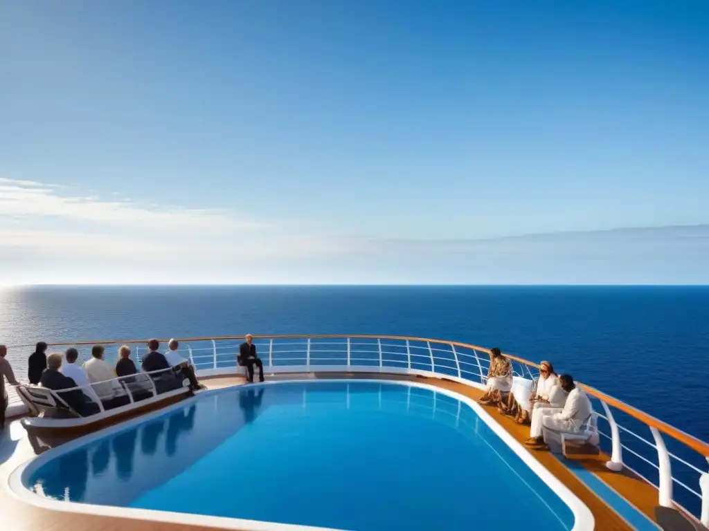 Un grupo diverso de pasajeros disfruta en armonía de un crucero, bajo un cielo azul y el mar tranquilo