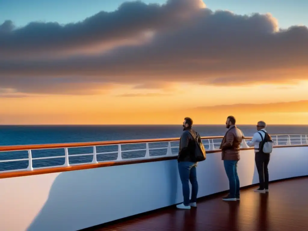 Un grupo diverso de pasajeros disfruta en armonía y relajación un atardecer en la cubierta de un crucero