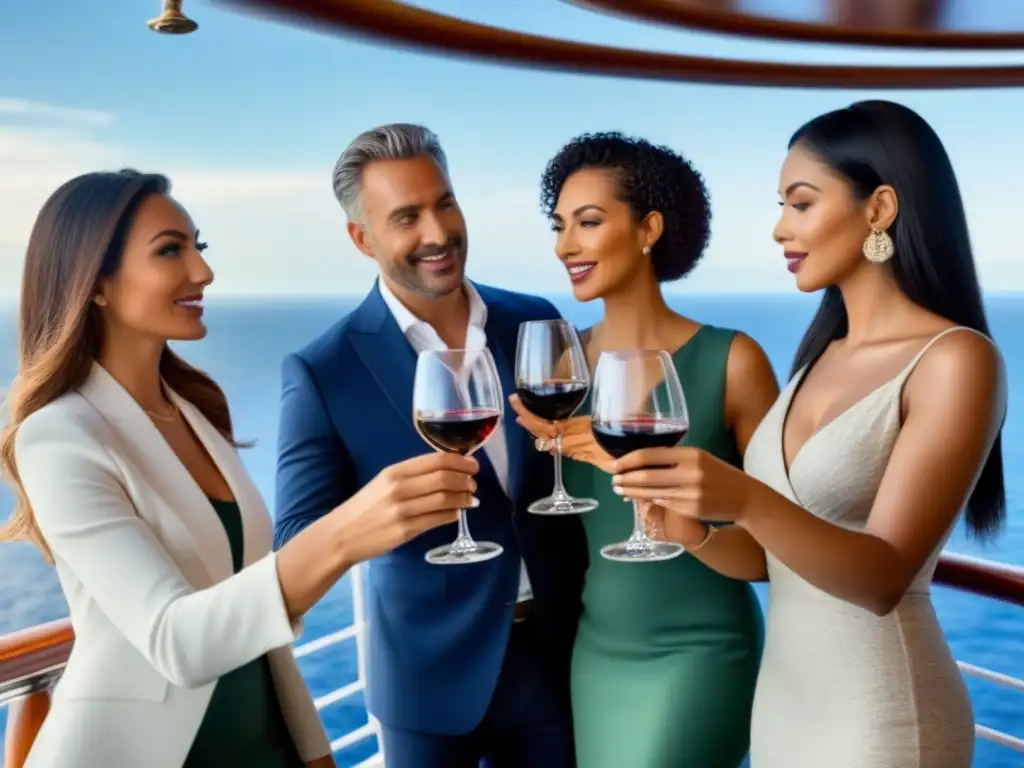 Un grupo diverso de pasajeros disfruta de catas de vino en la cubierta de un crucero, con vista al mar