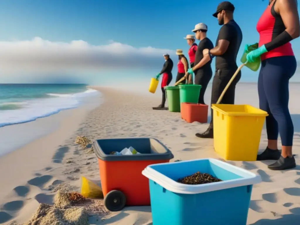 Un grupo diverso de pasajeros en un crucero marítimo realizando una limpieza de playa