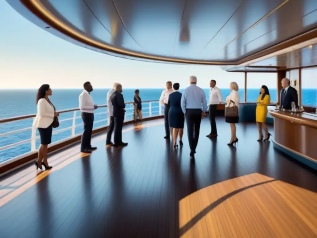 Un grupo diverso de pasajeros en un crucero disfrutando de un curso de historia marítima, con vista al mar