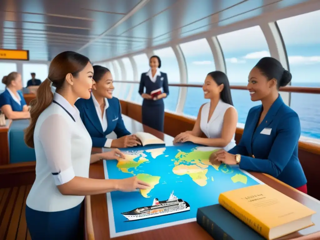 Un grupo diverso de pasajeros aprendiendo en un crucero, con libros y globos