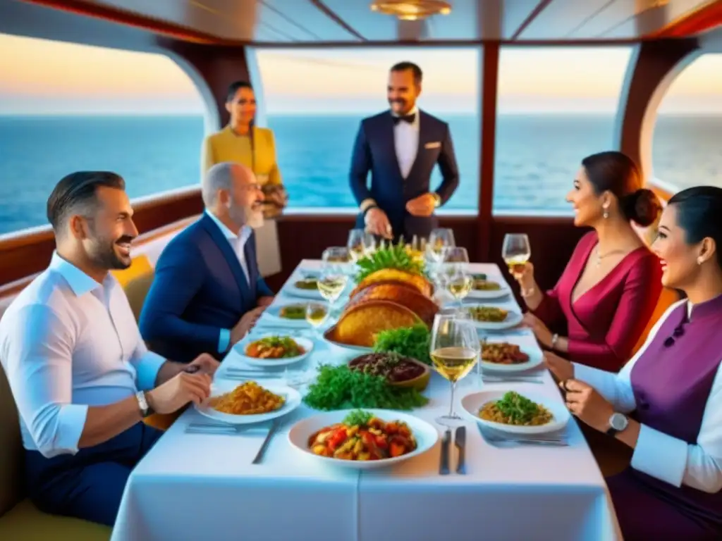 Un grupo diverso de pasajeros de crucero disfruta de un lujoso banquete con vistas al mar al atardecer