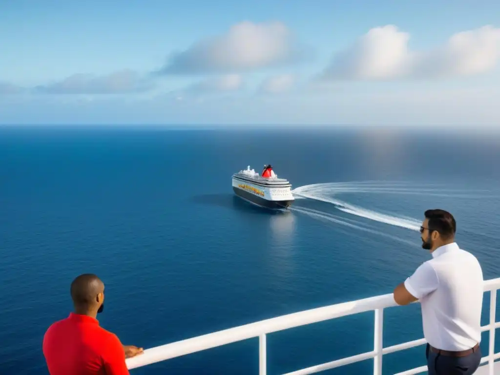 Un grupo diverso de pasajeros de crucero conversa en varios idiomas, destacando las ventajas de la poliglotía en alta mar