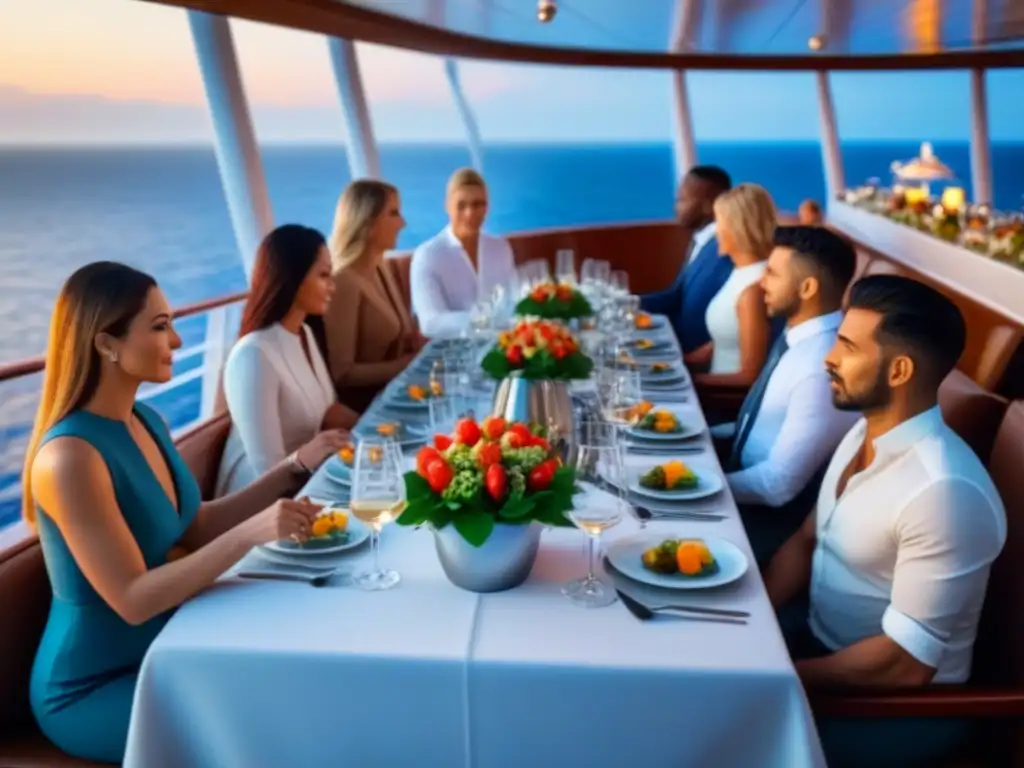 Un grupo diverso de pasajeros disfruta de una elegante cena en un crucero, con opciones de comida saludable y deliciosa