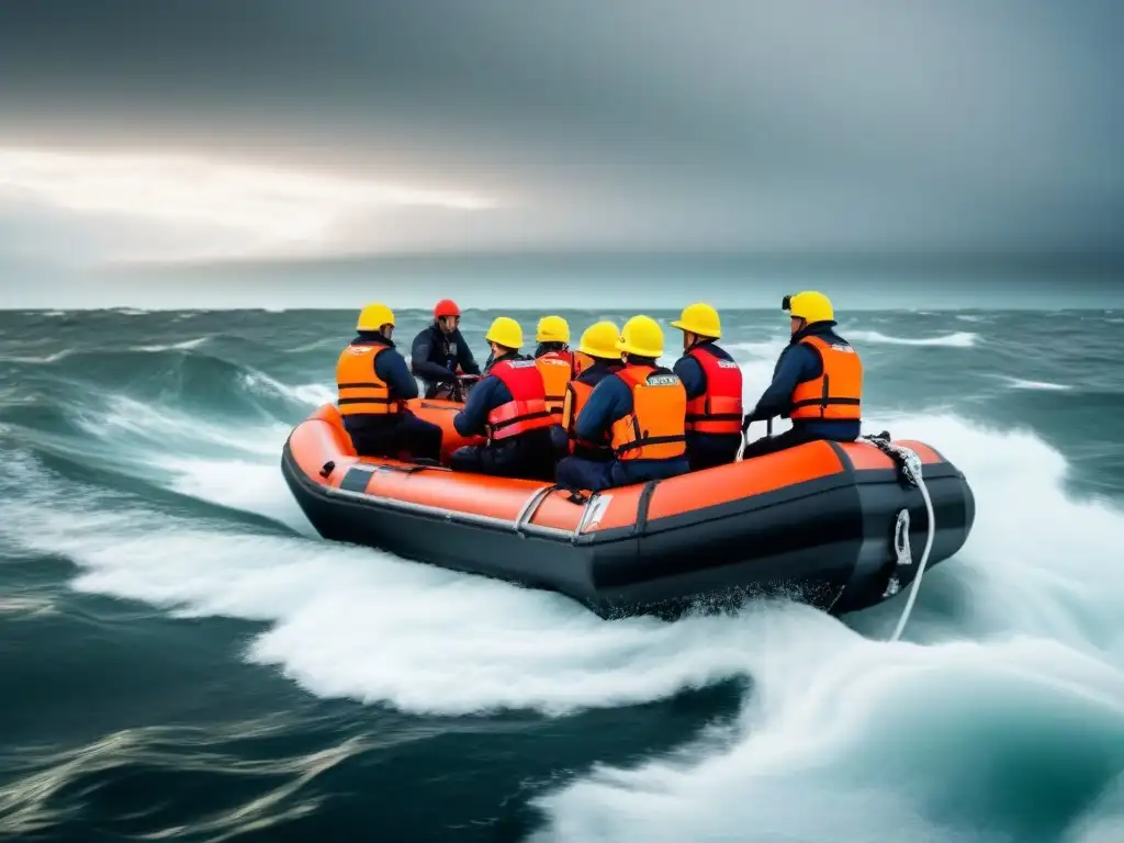 Un grupo diverso de personas unidas en un bote salvavidas en aguas turbulentas, destacando la unidad y la supervivencia en crisis