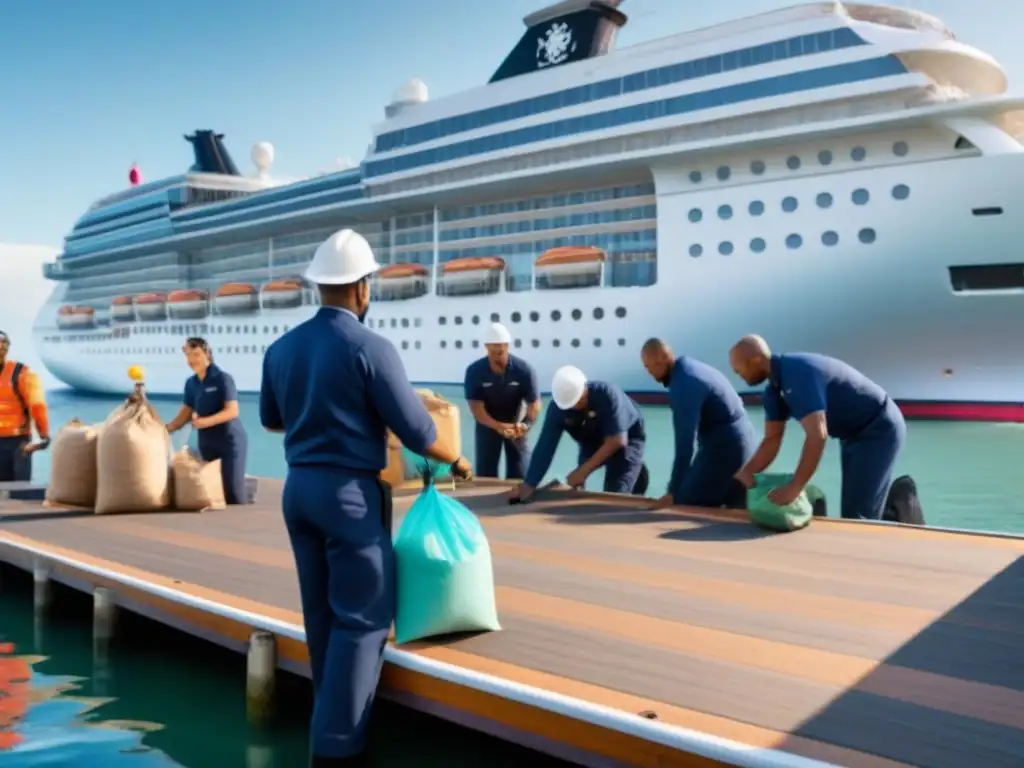 Un grupo diverso de tripulantes y lugareños colaboran en un muelle, resaltando el impacto laboral del turismo marítimo