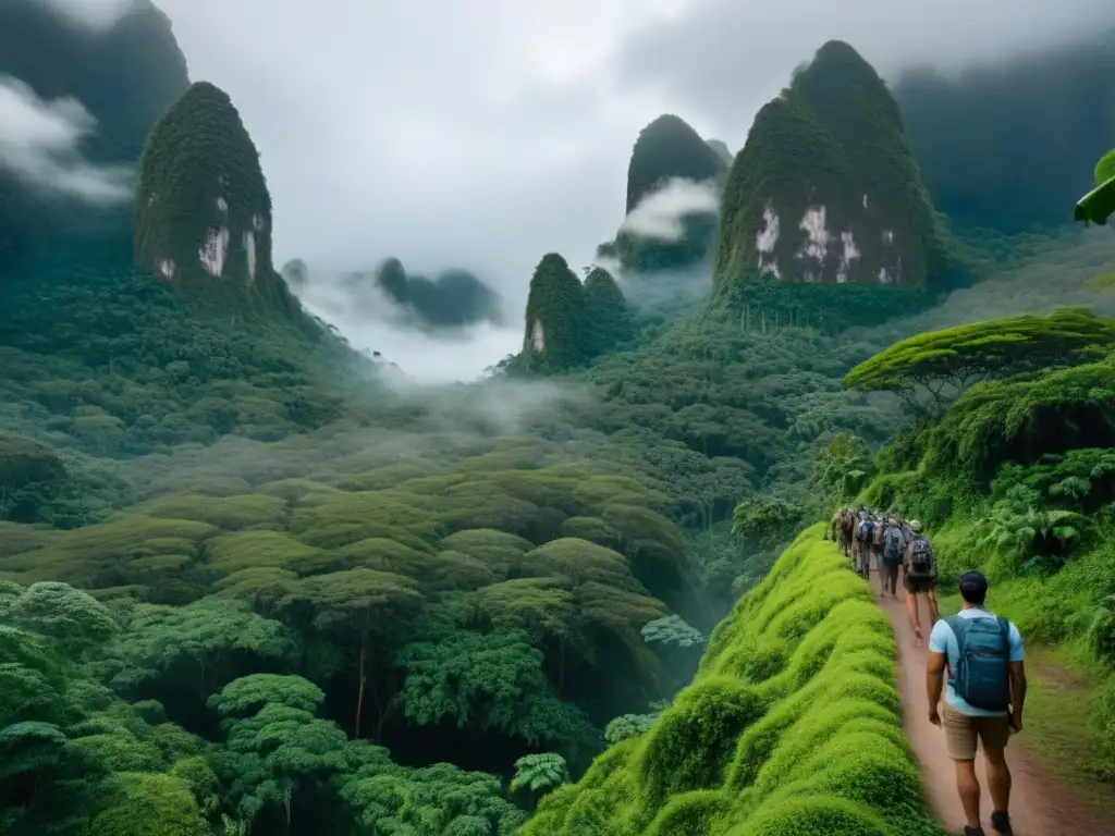 Un grupo diverso de turistas en excursión guiada por la naturaleza en una selva exuberante, practicando turismo responsable