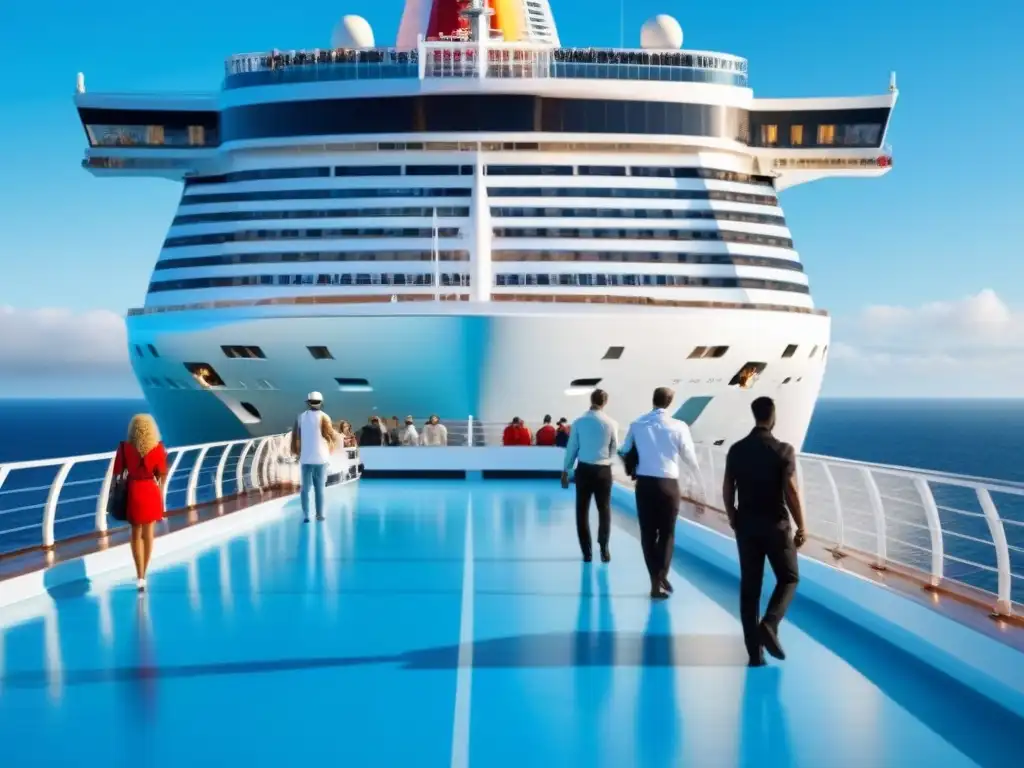 Un grupo diverso de turistas disfruta de un lujoso crucero internacional, reflejando la fusión cultural en el turismo marítimo