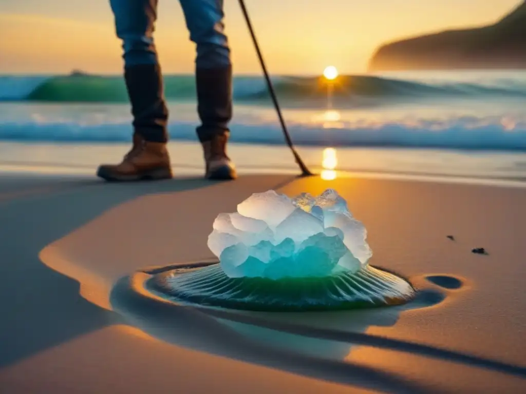 Un grupo diverso de turistas participa en un programa educativo de limpieza en la playa al atardecer, promoviendo la conservación marina