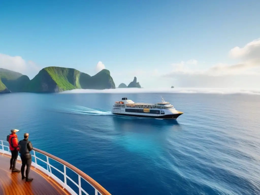 Un grupo diverso de viajeros en un crucero sostenible, disfrutando de la conservación de los océanos