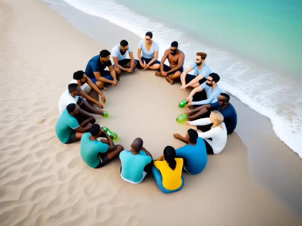 Un grupo diverso de viajeros se reúne en la playa, rodeados de naturaleza, compartiendo experiencias