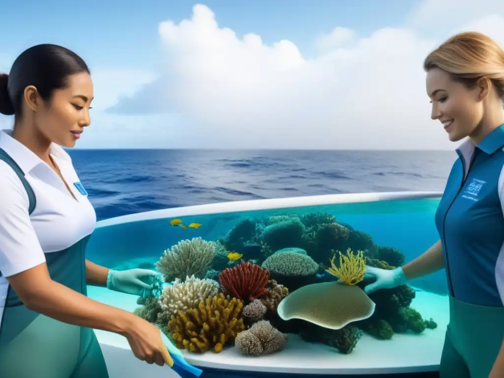 Un grupo diverso de voluntarios en un crucero ecológico, limpiando el océano y plantando arrecifes de coral