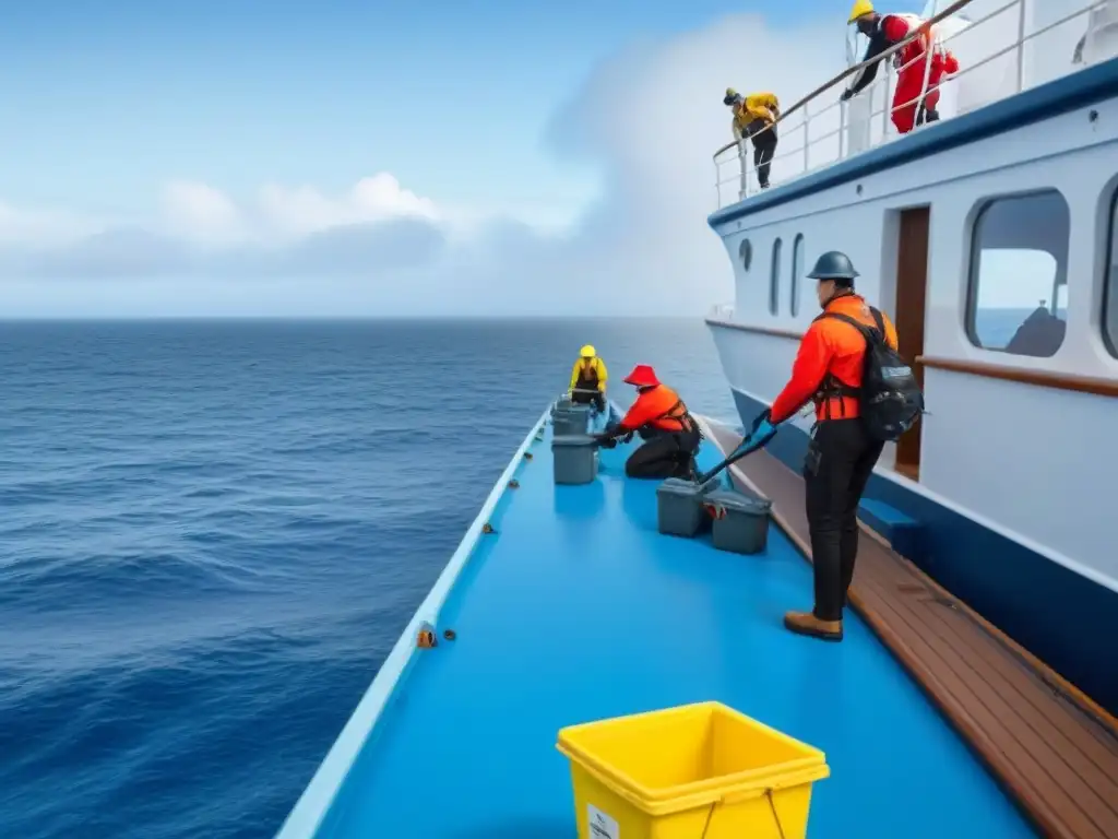 Un grupo diverso de voluntarios en un crucero, unidos en programas de conservación en alta mar