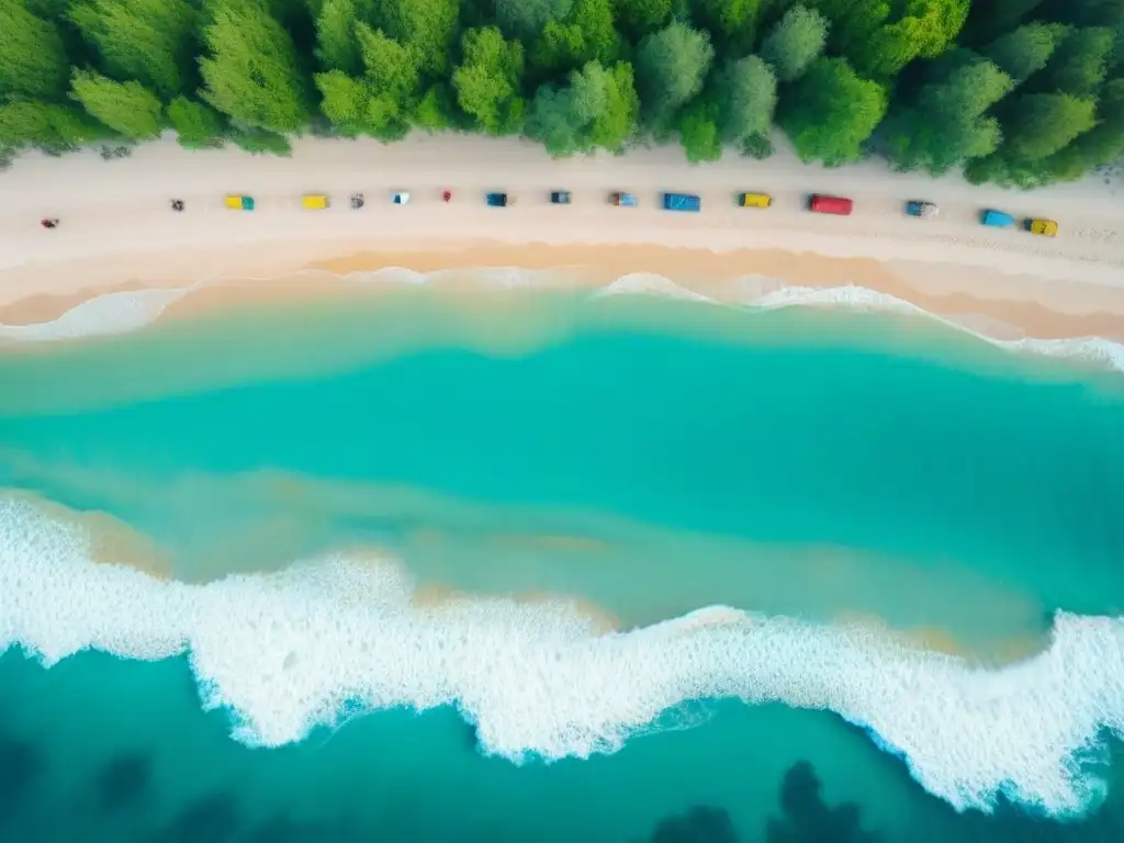 Un grupo diverso de voluntarios en acción limpiando una playa prístina, rodeados de vida marina colorida y vegetación exuberante