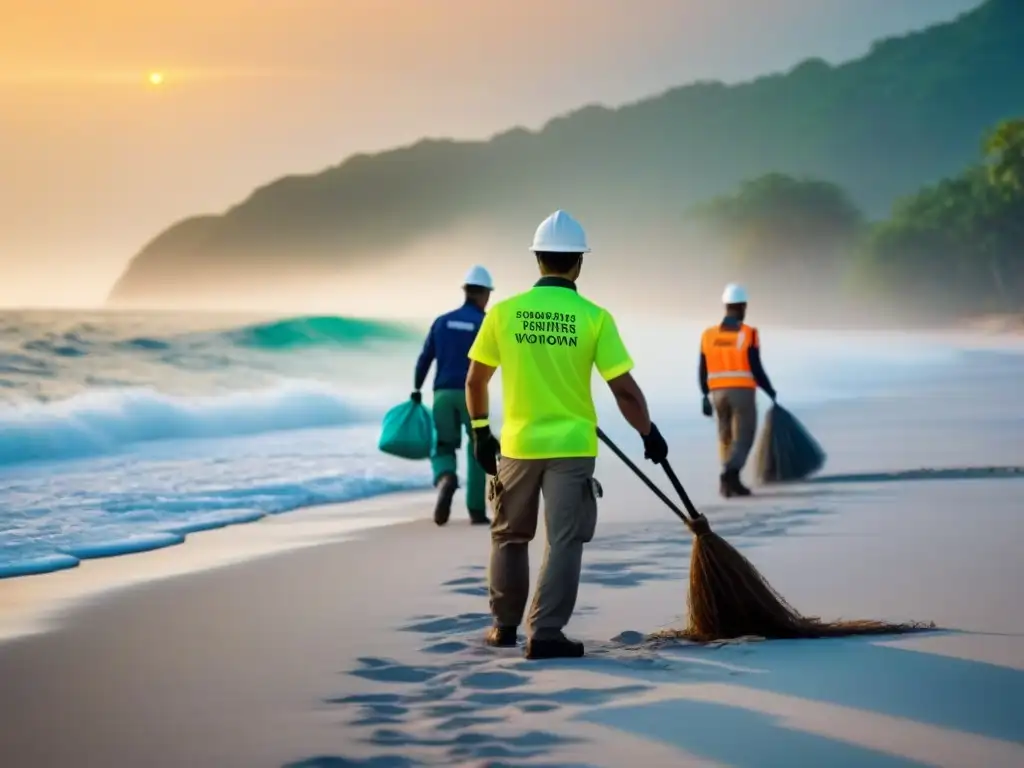 Un grupo diverso de voluntarios en uniformes ecológicos limpiando una hermosa playa junto al mar, en un ambiente de colaboración y conservación