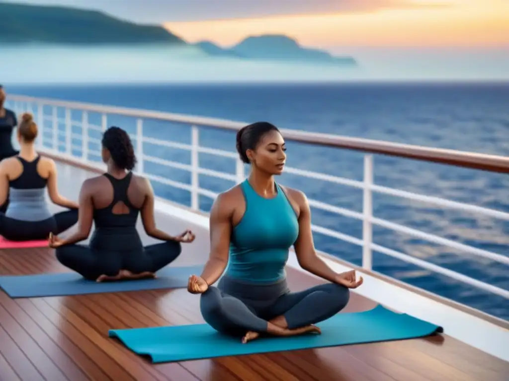 Grupo diverso practicando yoga al amanecer en un crucero, reflejando paz y armonía