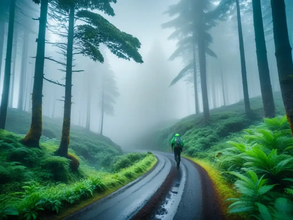 Un grupo de excursionistas aventureros recorriendo un sendero boscoso bajo la lluvia, destacando su tecnología impermeable