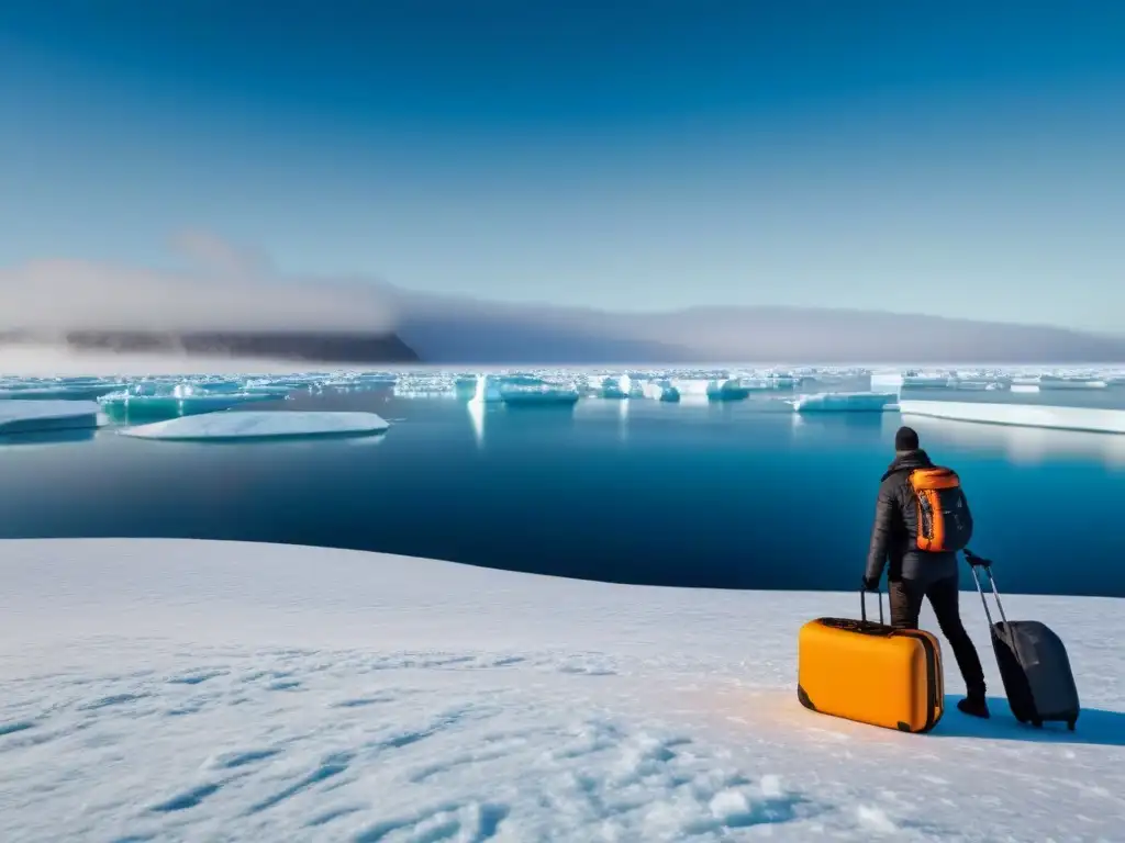 Un grupo de expedicionarios en ropa colorida se prepara para abordar un crucero polar moderno en un muelle remoto y helado