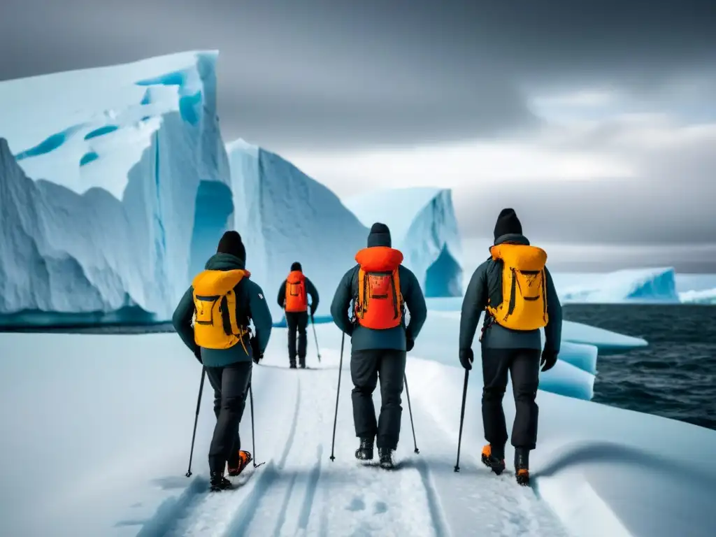 Un grupo de exploradores se prepara para crucero polar extremo, entrenando en paisaje nevado con icebergs al fondo