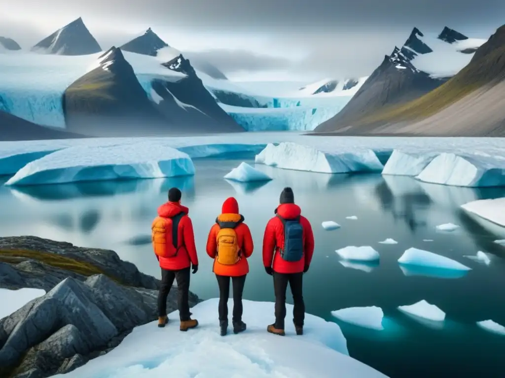 Un grupo de guías en crucero polar señalando un glaciar en un paisaje helado y vasto