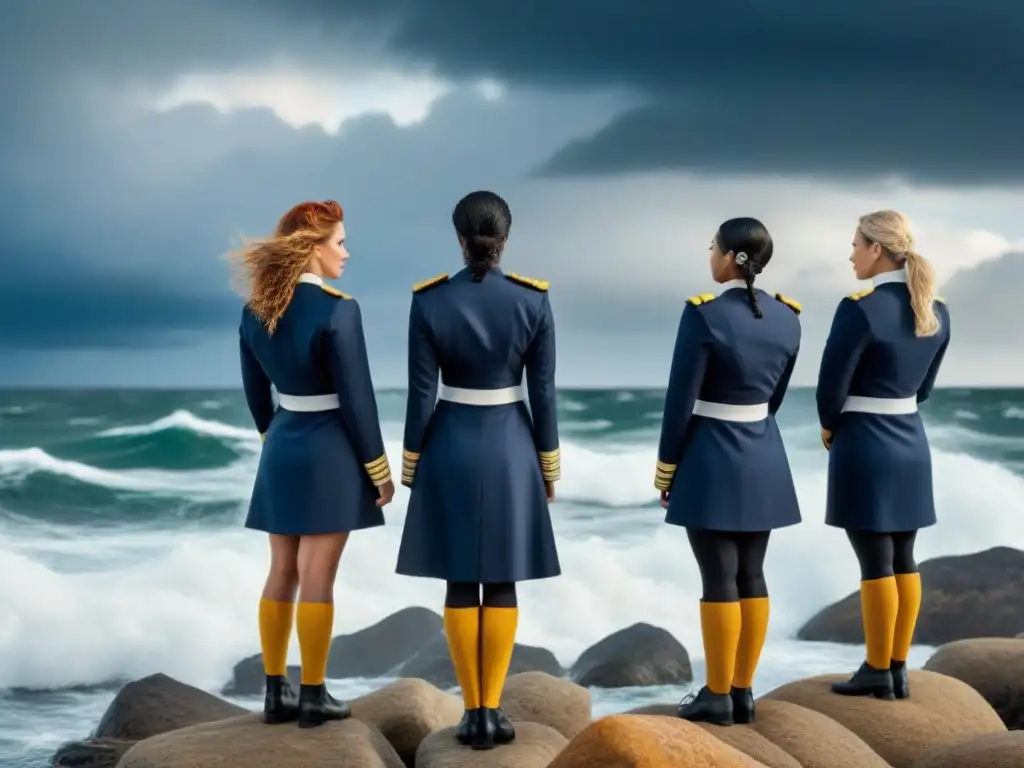 Un grupo de mujeres diversas en la costa rocosa, mirando al mar con determinación