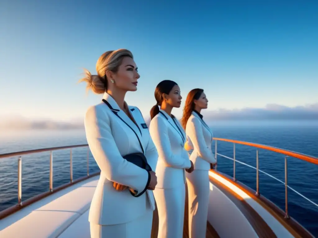 Un grupo de mujeres pioneras en turismo marítimo, seguras y determinadas, contemplando el mar desde un yate moderno