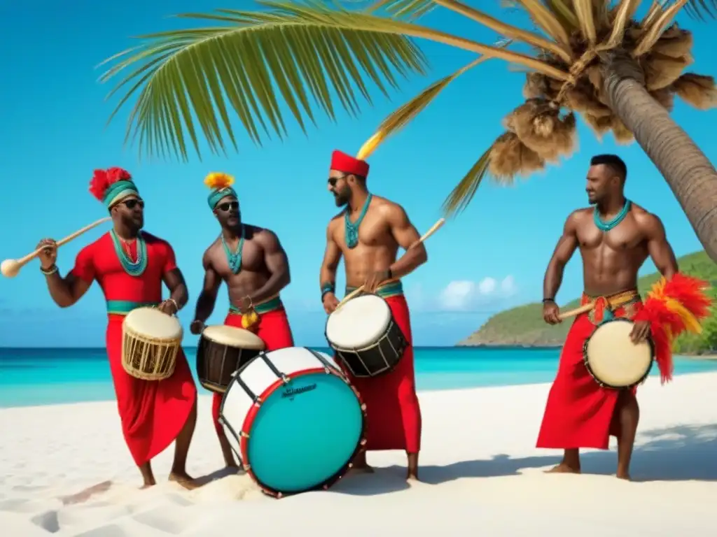 Grupo de músicos caribeños en playa tropical Grupo de músicos caribeños tocando en la playa, transmitiendo alegría y tradición en festivales marítimos música danzas tradicionales