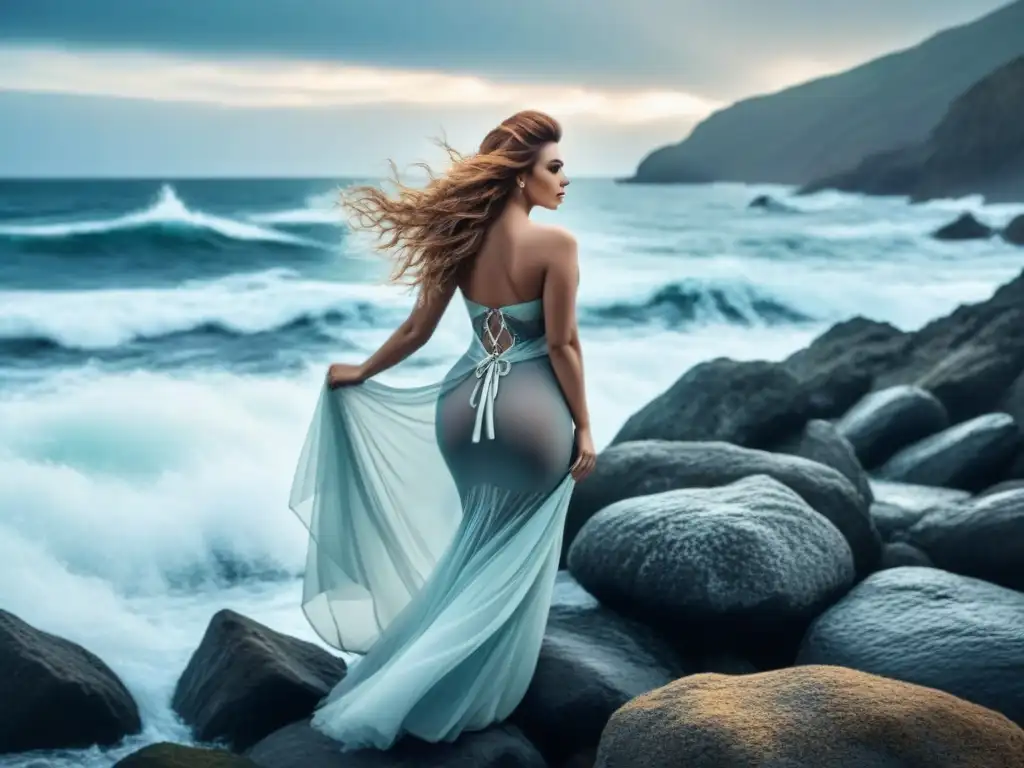 Un grupo de sirenas enigmáticas cantan en las rocas junto al mar, fusionando su cabello con las olas