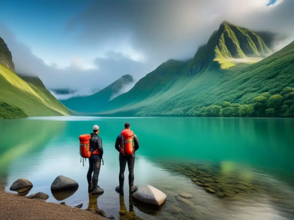 Grupo de turistas aventureros con tecnología impermeable, admirando lago cristalino entre montañas verdes bajo cielo nublado