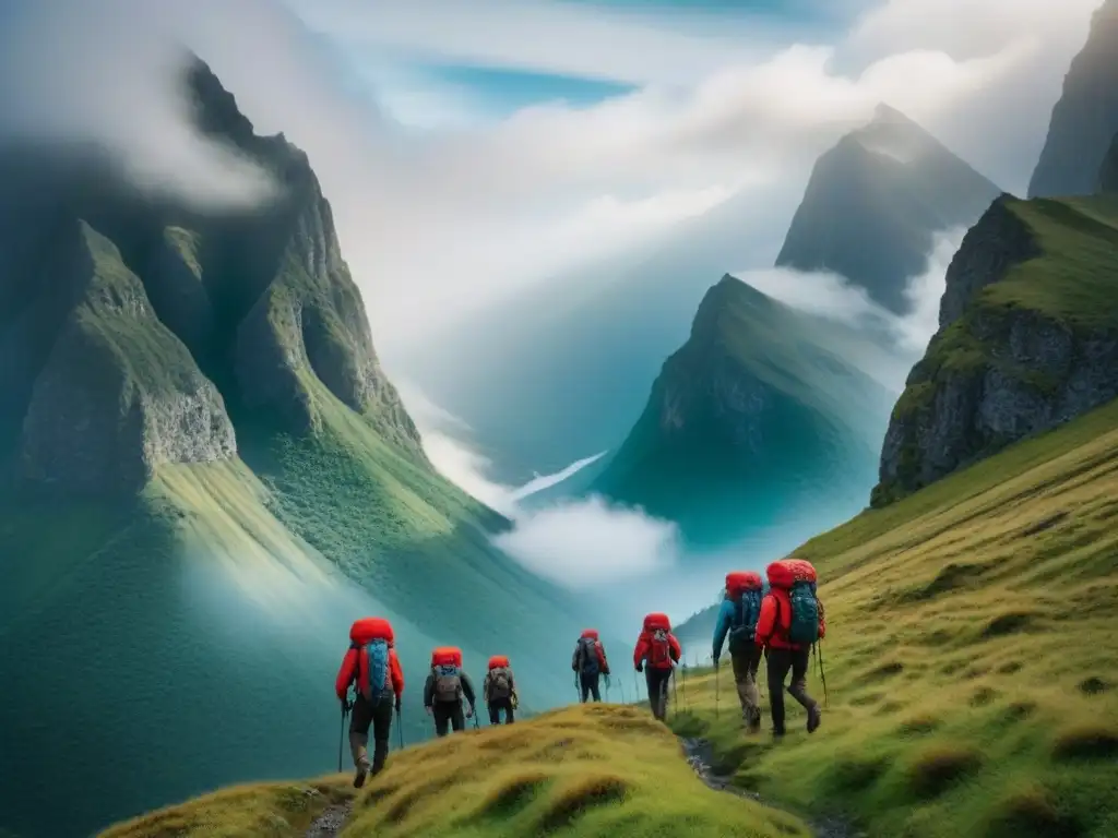 Grupo de turistas aventureros con tecnología impermeable, listos para la expedición en la montaña neblinosa