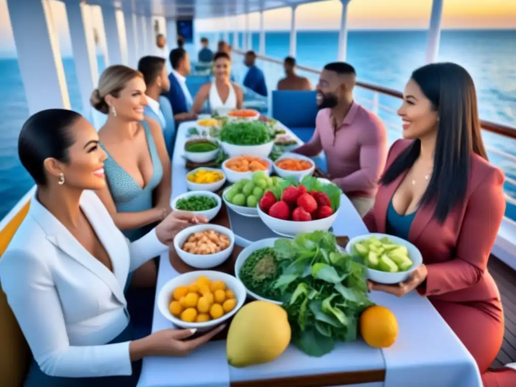 Un grupo variado de personas disfruta de alimentos frescos y saludables en la cubierta de un crucero, transmitiendo bienestar y relajación