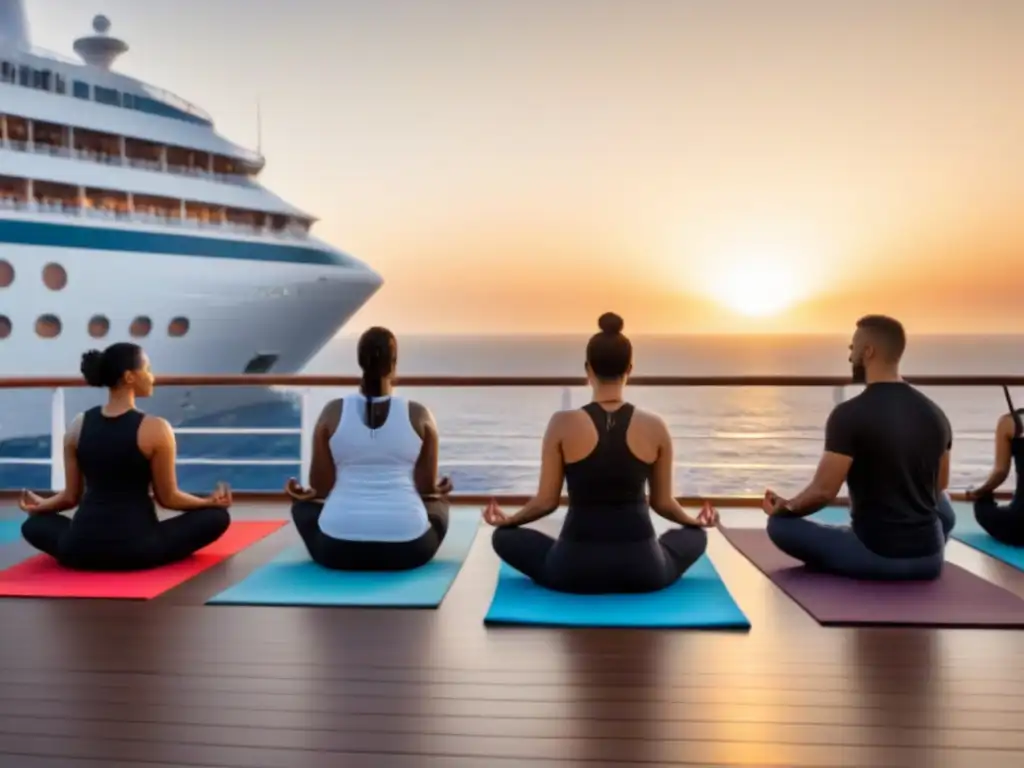 Grupo variado practicando yoga al amanecer en cubierta de crucero